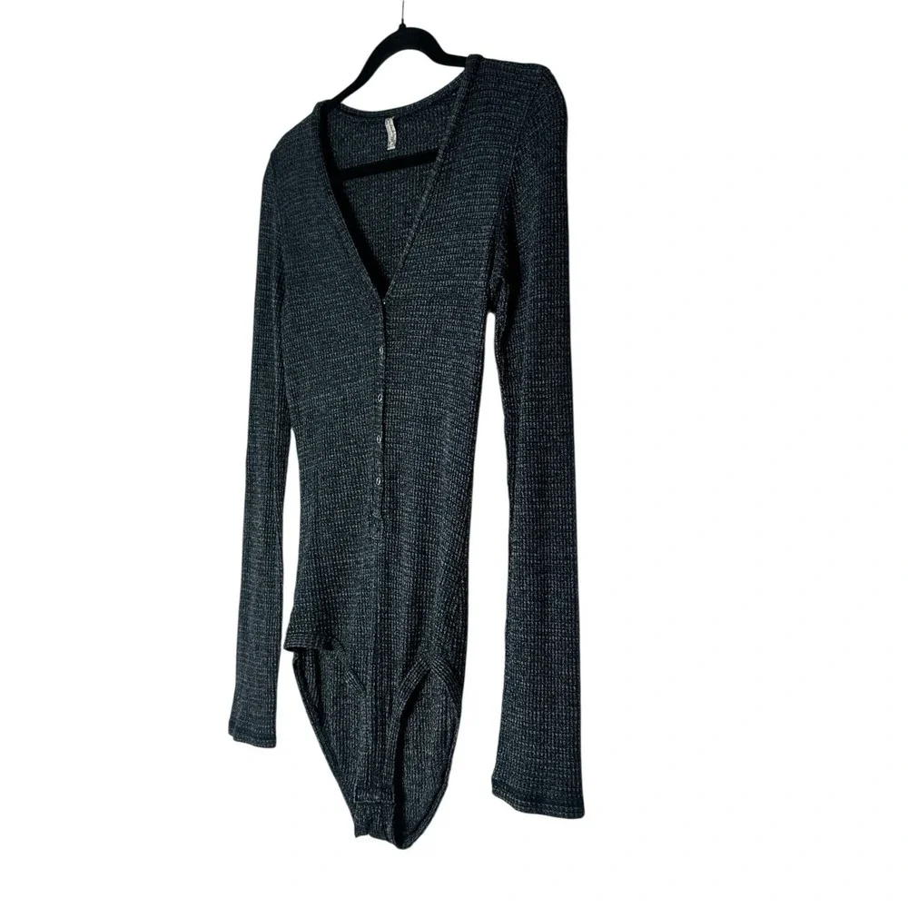 Free People Bodysuit Women Medium Black‎ Keep Your Cool Thermal Knit Long Sleeve